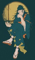 Rule 34 | 1boy, arm up, black background, black hair, black kimono, brown eyes, crossed legs, film grain, full body, getou suguru, getou suguru (kenjaku), highres, invisible chair, japanese clothes, jujutsu kaisen, kimono, layered sleeves, long hair, long sleeves, looking at hand, looking to the side, male focus, mim (mimya0600), sandals, simple background, sitting, solo, stitched forehead, stitches, wide sleeves