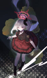 1girl absurdres black_boots black_scrunchie black_shirt blue_archive blush boots closed_mouth hair_ornament hair_scrunchie high-waist_skirt highres long_hair looking_at_viewer mutsuki_(blue_archive) purple_eyes red_ribbon red_skirt reiami ribbon scrunchie shirt short_sleeves side_ponytail skirt smile solo white_hair
