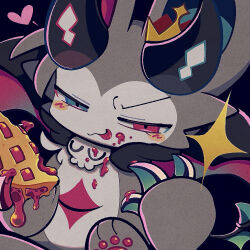 1boy :3 animal_feet animal_hands bayachao chibikemo claws commentary_request crown demon demon_wings devilconnection devilun_(makemon!) food furry furry_male grey_fur heterochromia horns looking_at_viewer makemon! male_focus official_art pawpads pie smile smug solo sparkle wings