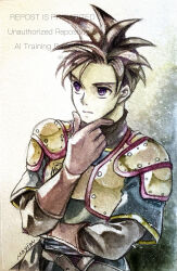 1boy absurdres akuto_(dqh) armor blue_tunic brown_gloves brown_hair commentary_request dragon_quest dragon_quest_heroes gloves gradient_background grey_undershirt hand_on_own_chin highres looking_to_the_side looking_up male_focus mayim painting_(medium) purple_eyes red_trim short_hair solo spiked_hair traditional_media tunic upper_body watercolor_(medium) yellow_armor