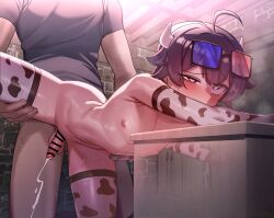 2boys absurdres ahoge anal animal_print bar_censor black_hair black_shirt blush bottomless censored cow_horns cow_print cow_print_gloves cow_print_thighhighs cum ejaculating_while_penetrated ejaculation elbow_gloves erection eyewear_on_head gloves half-closed_eye heterochromatic_eyewear highres horns howcow_(vtuber) indie_virtual_youtuber indoors leg_up male_focus multiple_boys nipples nude otonashi_(otonashi5959) penis print_gloves print_thighhighs projectile_cum red_eyes sex sex_from_behind shirt small_penis solo_focus sweat testicles thighhighs tinted_eyewear trap virtual_youtuber x-ray yaoi