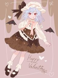 1girl absurdres alternate_costume bat_wings black_bow black_ribbon black_shoes blue_hair blush bobby_socks bow bowtie brown_dress closed_mouth detached_wings dress dress_bow fingernails footwear_bow frilled_dress frills full_body hand_up happy_valentine hashtag-only_commentary hat hat_ribbon heart highres homura_(homura_me) index_finger_raised long_sleeves looking_at_viewer medium_hair midair mob_cap parted_bangs pigeon-toed pink_bow pink_bowtie pink_nails plaid_clothes plaid_dress puffy_long_sleeves puffy_sleeves red_eyes remilia_scarlet ribbon shirt shoes signature smile socks solo tongue tongue_out touhou white_hat white_shirt white_socks wings