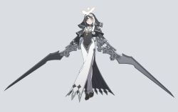 Rule 34 | 1girl, absurdres, arrow cross, black capelet, black hair, borrowed character, braid, braided ponytail, capelet, closed mouth, coif, commentary request, commission, cross, doll joints, dress, facial mark, full body, grey background, halo, highres, holding, holding weapon, hourglass, joints, looking at viewer, multicolored hair, nun, original, rivun, second-party source, simple background, skeb commission, solo, stole, two-tone hair, veil, violet (ac8231), weapon, white hair, yellow eyes