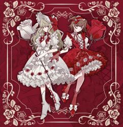 2girls aijou_karen alternate_costume ankle_socks arm_at_side blonde_hair bonnet boots border bow bowtie brown_eyes brown_hair closed_mouth commentary_request cross-laced_clothes cross-laced_dress dress dress_bow dress_flower fishnet_gloves fishnets floral_border floral_print flower footwear_bow footwear_flower frilled_bonnet frilled_dress frilled_hairband frilled_sleeves frills full_body gloves grey_boots grey_bow grey_dress gyosite hair_between_eyes hair_flower hair_ornament hairband hand_up heel_up high_heel_boots high_heels highres holding holding_flower inset_border lace-up_boots layered_dress lolita_fashion lolita_hairband long_hair looking_at_viewer multiple_girls neck_flower neck_ribbon ornate_border outside_border oversized_flower parted_lips print_dress puffy_short_sleeves puffy_sleeves pumps red_background red_bow red_bowtie red_dress red_flower red_gloves red_hairband red_ribbon red_rose red_shoes red_socks ribbon rose saijou_claudine shoes short_hair short_sleeves shoujo_kageki_revue_starlight sidelocks smile socks standing standing_on_one_leg two-tone_dress two_side_up wavy_hair white_bonnet white_bow white_dress white_flower white_gloves white_rose zoom_layer