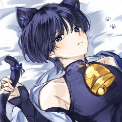 1boy animal_ear_fluff animal_ears armor bell black_bodysuit black_bridal_gauntlets black_hair blue_eyes blunt_ends bodysuit bow bridal_gauntlets cat_boy cat_ears closed_mouth covered_collarbone eyeliner eyeshadow fang fingernails genshin_impact gold_ring highres holding_own_tail japanese_armor japanese_clothes jingle_bell kimono kote kurokote light_blush looking_at_viewer lying makeup male_focus mandarin_collar middle_ring neck_bell nyukki on_back open_clothes open_kimono purple_bow red_eyeliner red_eyeshadow scaramouche_(genshin_impact) solo tail tail_bow tail_ornament toned toned_male wanderer_(genshin_impact) white_kimono