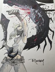 armpits belt blonde_hair blood breasts commentary commission covered_erect_nipples crosshatching erica_slaughter groin hatching_(texture) highres holding holding_sword holding_weapon marker_(medium) medium_breasts midriff monster pants pouch ryan_ottley serious signature something_is_killing_the_children stab sword tank_top traditional_media v-shaped_eyebrows weapon white_tank_top