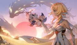 2girls apep_(genshin_impact) blonde_hair clear_water desert dress eyed_silhouette feather_hair_ornament feathers floating flower genshin_impact hair_ornament halo highres lumine_(genshin_impact) multiple_girls paimon_(genshin_impact) scarf silhouette white_dress white_flower white_hair white_romper white_scarf