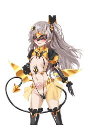 Rule 34 | 1girl, absurdres, areola slip, blindfold, blush, breasts, corruption, covered erect nipples, dark persona, demon tail, elbow gloves, girls&#039; frontline, gloves, grey hair, hair ornament, heart, highres, logia13laplace, long hair, mask, navel, one side up, pubic tattoo, slave gear, slingshot swimsuit, small breasts, smile, solo, swimsuit, tail, tattoo, thighhighs, transparent background, ts magical girl nao, ump45 (girls&#039; frontline), variant set, wings