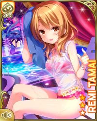 1girl bikini blouse brown_eyes brown_hair card_(medium) chair flower girlfriend_(kari) hair_flower hair_ornament looking_at_viewer night official_art open_mouth outdoors pink_bikini pool poolside qp:flapper see-through_clothes see-through_shirt shirt sitting smile soaking_feet solo swimsuit tagme tamai_remi towel white_shirt