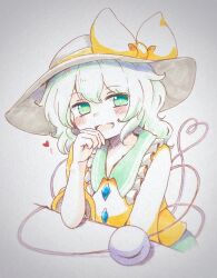 Rule 34 | 1girl, black hat, blush, bow, buttons, collared shirt, commentary request, diamond button, eyeball, frilled shirt collar, frills, green eyes, green hair, hat, hat bow, heart, heart of string, highres, komeiji koishi, long hair, looking at viewer, open mouth, shiro tsugumi, shirt, smile, solo, third eye, touhou, traditional media, yellow bow, yellow shirt