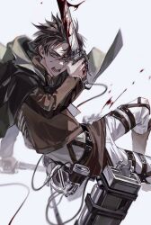Rule 34 | 1boy, a197nri79he10ls, absurdres, belt, black hair, blood, bloody weapon, brown hair, eren yeager, highres, holding, jacket, long sleeves, male focus, military uniform, open mouth, paradis military uniform, shingeki no kyojin, shirt, short hair, simple background, solo, teeth, thigh strap, three-dimensional maneuver gear, tongue, weapon, white background