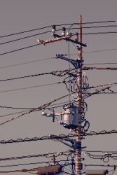 grey_sky grey_theme hisachan55cute no_humans original outdoors pixel_art pole power_lines scenery simple_background sky sunrise tangled_cord wire