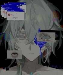 1boy anaxa_(honkai:_star_rail) aqua_hair black_background blood bloody_tears blue_eyes blue_screen_of_death cyn_ouo earrings error_message eyeball gem glitch hair_between_eyes half-closed_eyes highres honkai:_star_rail honkai_(series) jewelry looking_at_viewer male_focus medium_hair open_mouth parted_lips red_gemstone side_ponytail single_earring solo teeth topless_male twitter_username upper_body yellow_blood