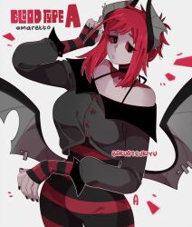 1girl animal_ear_piercing animal_ears artist_name bakuatsukiyu bare_shoulders bat_ears bat_girl bat_wings black_choker black_eyes black_nails black_pants black_shirt black_wings bra_strap breasts buttons choker closed_mouth colored_sclera commentary english_commentary english_text fingerless_gloves gloves halterneck high-waist_pants long_sleeves medium_hair off-shoulder_shirt off_shoulder original pants piercing red_gloves red_hair red_pants red_pupils red_sclera shirt sidelocks simple_background solo striped_clothes striped_gloves striped_pants torn_wings two-tone_gloves two-tone_pants white_background wing_piercing wings