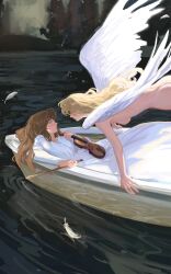 2girls angel angel_wings blonde_hair blue_eyes blush boat bow_(music) breasts brown_hair completely_nude deerwhisky dress eye_contact falling_feathers feathers highres holding holding_bow_(music) holding_instrument holding_violin instrument long_hair looking_at_another medium_breasts multiple_girls nipples nude on_boat original parted_lips violin water watercraft white_dress wings yellow_eyes yuri