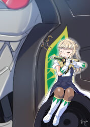 akashieru blonde_hair blue_dress brown_pantyhose dagger dragon_caesar dragon_ranger dragonzord dress eighth_note flute gloves highres instrument kantai_collection knife kyouryuu_sentai_zyuranger long_hair mighty_morphin_green_ranger mighty_morphin_power_rangers musical_note one-hour_drawing_challenge pantyhose power_rangers quarter_note ranger_(kancolle) super_sentai two-tone_dress weapon white_footwear white_gloves