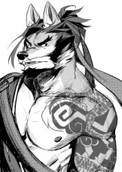 1boy absurdres animal_ears arm_tattoo beard ben-day_dots commentary english_commentary facial_hair furrification furry furry_male greyscale hanzo_(overwatch) highres male_focus monochrome muscular muscular_male nipples nviek5 open_mouth overwatch pectorals screentones tattoo wolf_boy wolf_ears