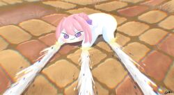 :3 absurdres akira_slide all_fours artist_name blush brick_floor commentary crossover doro_(nikke) english_commentary girilocoboy goddess_of_victory:_nikke hair_between_eyes hair_intakes hairdressing highres long_hair meme pink_hair purple_eyes ribbon shadow sliding smug sparks stellar_blade