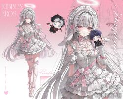 1boy 1girl angel angel_wings animal_ears blush bow bowtie breasts character_doll chibi choker cleavage detached_sleeves doll dress frilled_choker frilled_dress frills full_body grey_hair hair_ornament hairband hairclip halo heart highres holding jewelry jiaotangbudin legwear_garter lolita_fashion lolita_hairband long_hair looking_at_viewer necklace original pink_bow pink_bowtie pink_eyes pink_ribbon puffy_short_sleeves puffy_sleeves rabbit_ears ribbon short_sleeves thigh_strap very_long_hair white_dress wings