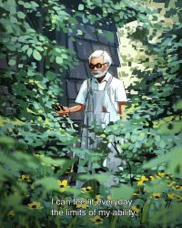 1boy apron beard black-framed_eyewear commentary english_commentary english_text facial_hair flower glasses grey_apron highres house male_focus miyazaki_hayao_(person) old old_man outdoors pencil real_life sam_yang shirt short_hair short_sleeves solo standing white_hair white_shirt yellow_flower