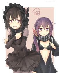 2girls akebono_(kancolle) azuhira backpack bag bell bikini black_bikini black_dress black_hair brown_eyes cosplay covering_breasts covering_privates dress flower gothic_lolita haguro_(kancolle) hair_bell hair_flower hair_ornament hairband highres hood hoodie horns isolated_island_oni isolated_island_oni_(cosplay) jacket kantai_collection lolita_fashion lolita_hairband looking_at_viewer multiple_girls navel o-ring o-ring_top open_clothes open_jacket purple_eyes purple_hair re-class_battleship re-class_battleship_(cosplay) ribbon scarf short_hair side_ponytail single_horn spiral striped_clothes striped_scarf sweat swimsuit