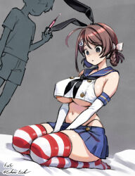1boy 1girl age_difference black_hairband black_neckerchief black_panties blue_sailor_collar blue_skirt braid braided_hair_rings breasts brown_hair chougei_(kancolle) commentary_request cosplay crop_top dutch_angle eckert&amp;eich elbow_gloves empty_eyes faceless faceless_male gloves grey_background grey_eyes hair_ornament hair_rings hairband highleg highleg_panties highres kantai_collection large_breasts long_hair microskirt miniskirt neckerchief one-hour_drawing_challenge onee-shota panties pleated_skirt sailor_collar seiza shimakaze_(kancolle) shimakaze_(kancolle)_(cosplay) shirt simple_background sitting skirt sleeveless sleeveless_shirt striped_clothes striped_thighhighs syringe thighhighs twin_braids underwear v_arms whale_hair_ornament white_gloves