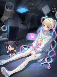 1girl absurdres ame-chan_(needy_girl_overdose) black_eyes black_hair blonde_hair blue_eyes blue_hair blue_serafuku blue_shoes blurry blurry_background blurry_foreground bow bubble cat character_doll chest_bow chouzetsusaikawa_tenshi-chan colored_tips commentary crt doll double-parted_bangs dual_persona emoticon english_text frown glowing hair_bow hands_on_lap highres looking_at_viewer mei_(neekoandlulu) multicolored_hair multiple_hair_bows neck_ribbon needy_girl_overdose on_ground pink_hair quad_tails rain ribbon school_uniform serafuku shoes short_twintails sitting skirt suspender_skirt suspenders symbol-only_commentary too_many_stickers twintails