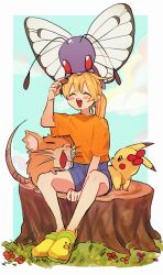 1girl :d blonde_hair blush_stickers border butterfree chuchu_(pokemon) closed_eyes commentary_request flower game_freak gen_1_pokemon grass holding knees long_hair marutoko45 nintendo open_mouth orange_shirt pikachu pokemon pokemon_(creature) pokemon_adventures ponytail raticate shirt shoes short_sleeves shorts sitting smile t-shirt teeth tongue tree_stump upper_teeth_only white_border yellow_(pokemon) yellow_shoes
