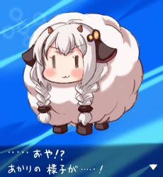 1girl :3 blush braid commentary_request female_focus gen_8_pokemon hair_ornament highres kanon_(kurogane_knights) kizuna_akari long_hair nintendo parody pokemon pokemon_(creature) pokemon_swsh silver_hair smile solo translation_request twin_braids voiceroid wool wooloo |_| ||_||