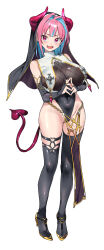 1girl absurdres bare_shoulders black_bridal_gauntlets black_leotard black_thighhighs black_veil blue_hair blush breasts bridal_gauntlets colored_inner_hair covered_navel demon_horns demon_tail demon_wings fang fingernails fishnet_top fishnets groin hair_intakes heart heart_o-ring high_heels highres horns huge_breasts kanan-sama_wa_akumade_choroi kanan_(kanan-sama) leotard looking_at_viewer medium_hair multicolored_hair nonco o-ring o-ring_thigh_strap open_mouth pink_eyes pink_hair pink_horns pink_tail shoes simple_background slit_pupils smile solo streaked_hair sweat tail thigh_strap thighhighs thighs two-tone_hair veil white_background wings yellow_shoes