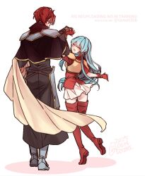 1boy 1girl aqua_hair armor black_capelet boots cape capelet closed_eyes commentary dated eirika_(fire_emblem) english_commentary fingerless_gloves fire_emblem fire_emblem:_the_sacred_stones from_behind full_body gloves highres holding_hands long_hair nintendo open_mouth pants pauldrons red_boots red_gloves red_hair red_shirt sayu030b seth_(fire_emblem) shirt short_hair shoulder_armor skirt thigh_boots twitter_username white_background white_skirt