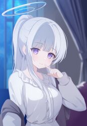 1girl blue_archive blunt_bangs blurry blurry_background breasts closed_mouth collarbone commentary curtains dress finger_to_mouth frilled_pajamas frills halo highres indoors large_breasts long_hair long_sleeves looking_at_viewer mechanical_halo noa_(blue_archive) noa_(pajamas)_(blue_archive) official_alternate_costume pajamas ponytail purple_eyes shawl sleepwear smile solo upper_body white_dress white_halo white_pajamas window zhnyy3