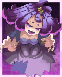 1girl acerola_(pokemon) aged_up armlet breasts claw_pose cleavage collarbone dot_nose dress eyebrows eyelashes female_focus fingernails from_above full_body gen_7_pokemon hands_up jewelry kamuruchii looking_at_viewer looking_up lower_teeth_only matching_hair/eyes medium_breasts medium_hair mimikyu nintendo open_mouth petite pokemon pokemon_sm purple_background purple_dress purple_eyes purple_hair short_sleeves simple_background solo standing teeth tongue