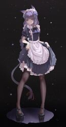 1girl absurdres alternate_costume animal_ear_fluff animal_ears black_background black_bow black_bowtie black_pantyhose blunt_bangs blurry blurry_background bow bowtie braid cat_ears cat_girl cat_tail chinese_commentary closed_mouth collared_dress dress expressionless eyeliner flower flower_ornament frilled_dress frills full_body genshin_impact hair_flower hair_ornament head_tilt headdress highres light_particles long_braid long_hair looking_at_viewer looking_to_the_side maid makeup mole mole_under_eye no_eyewear pantyhose puffy_short_sleeves puffy_sleeves purple_eyes purple_flower purple_hair raiden_shogun red_eyeliner red_ribbon ribbon shade short_sleeves single_braid solo standing tail tail_ornament tail_ribbon vvna9