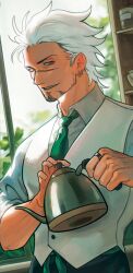 1boy ace_attorney catuoon facial_hair godot_(ace_attorney) jewelry kettle male_focus necktie red_eyes scar shirt smile solo white_hair