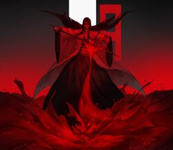 Rule 34 | 1girl, absurdres, bankai, black hair, black hakama, black kimono, bleach, bleach: sennen kessen-hen, blood, blood splatter, bloody weapon, breasts, cleavage, closed eyes, closed mouth, excessive blood, facing viewer, floating hair, gradient background, hair between eyes, hair over shoulder, hakama, hand up, haori, hieumay, highres, holding, holding sword, holding weapon, japanese clothes, kimono, lips, long hair, long sleeves, medium breasts, minazuki (bankai), obi, obijime, open hand, pool of blood, red theme, sash, scar, scar on chest, shihakusho, shinigami, solo, standing, sword, taichou haori, unohana retsu, weapon, wide shot, wide sleeves, zanpakutou