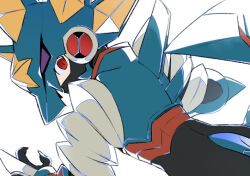 1boy armor from_behind green_armor green_helmet gregar_(mega_man) helmet looking_at_viewer looking_back male_focus mega_man_(series) mega_man_battle_network_(series) mega_man_battle_network_6 megaman.exe red_eyes simple_background slit_pupils solo to_i_to_io white_background