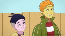 2boys animated animated_gif blue_eyes blue_hair cartoon_network deviantart ed_(ed_edd_n_eddy) ed_edd_n_eddy eddy_(ed_edd_n_eddy) fence green_eyes green_jacket jacket male_focus multiple_boys orange_hair shirt sky unibrow watermark yellow_shirt yukipengin