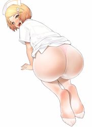 1girl :d all_fours ass back blush feet hair_ornament hairclip hat highres hyouuma looking_at_viewer nurse nurse_cap open_mouth original panties panties_under_pantyhose pantyhose pink_panties short_hair simple_background smile solo teeth tongue underwear white_background white_pantyhose yellow_eyes