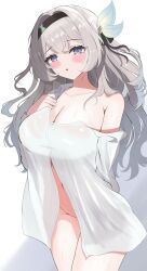 1girl :o absurdres aqua_hair black_hairband blue_eyes blush breasts cleavage cowboy_shot firefly_(honkai:_star_rail) gradient_hair grey_hair hairband highres honkai:_star_rail honkai_(series) large_breasts long_hair long_sleeves multicolored_eyes multicolored_hair nuuuukoame partially_unbuttoned pink_eyes shirt simple_background solo two-tone_eyes white_background white_shirt