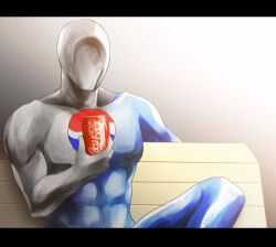 Rule 34 | 1boy, bench, blue skin, can, cheating (relationship), coca-cola, colored skin, commentary request, faceless, faceless male, grey background, holding, holding can, ikuyoan, kuso miso technique, letterboxed, male focus, pepsi, pepsiman, pepsiman (game), solo, white skin, yaranaika