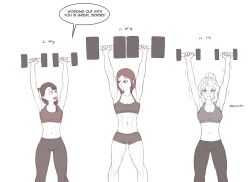 3girls abs armpits arms_up blush bra breasts cleavage diana_cavendish dumbbell english_text exercising female_focus greyscale hair_bun kagari_atsuko large_breasts little_witch_academia long_hair looking_at_another looking_at_viewer looking_to_the_side medium_breasts midriff monochrome motion_lines multiple_girls muscular muscular_arms muscular_female muscular_legs navel non-web_source obliques open_mouth outstretched_arms pants ponytail pursed_lips shaking short_shorts shorts side_ponytail simple_background small_breasts smile speech_bubble sports_bra sportswear standing straight-on sweat sweatpants tareme teeth thotticus-slayer trembling underwear upper_teeth_only ursula_charistes weightlifting white_background yoga_pants