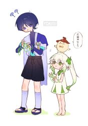 Rule 34 | 1boy, 1girl, ?, ??, aqua gemstone, aqua kimono, aqua sleeves, aranara (genshin impact), barefoot, black bodysuit, black bow, black hair, black leggings, black shorts, blunt ends, blush, bodysuit, bow, cape, cat&#039;s cradle, colored tips, creature on head, crossed bangs, dress, feathers, full body, furisode, furrowed brow, gem, genshin impact, gold, gradient hair, green eyes, green hair, hands up, height difference, highres, hip vent, japanese clothes, juban, kimono, layered sleeves, leg warmers, leggings, long hair, looking at another, looking at hands, multicolored hair, nahida (genshin impact), nero hanken, open clothes, open hands, open kimono, parted lips, pointy ears, pom pom (clothes), purple cape, purple eyes, purple sandals, sandals, scaramouche (genshin impact), short sleeves, shorts, side ponytail, sidelocks, sleeveless, sleeveless dress, speech bubble, standing, stirrup legwear, string, tiptoes, toeless legwear, translation request, turtleneck, turtleneck bodysuit, vision (genshin impact), wanderer (genshin impact), watermark, white dress, white hair, white kimono, white leg warmers, white sleeves, wispy bangs, yellow feathers, zouri