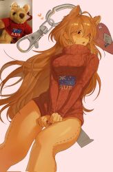 0820_lakia 1girl animal_ears australian_flag blonde_hair bottomless charm_(object) commentary_request highres kangaroo kangaroo_ears kangaroo_girl korean_commentary long_hair long_sleeves looking_at_viewer orange_eyes original personification pink_background price_tag red_sweater reference_inset shirt_tug simple_background sleeves_past_wrists stitched_leg stitches stuffed_toy sweater tag turtleneck turtleneck_sweater very_long_hair