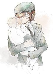 1girl 1other baby beret black_necktie blonde_hair brown_hair carrying carrying_baby carrying_person closed_mouth coat collared_shirt green_coat green_hat hat highres limbus_company military_uniform necktie outis_(project_moon) project_moon shirt smile white_shirt yinghui031230
