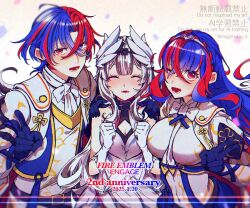 1boy female_alear_(fire_emblem) male_alear_(fire_emblem) bare_shoulders black_choker black_hair blush breasts brother_and_sister choker cleavage dress feather_hair_ornament feathers fire_emblem fire_emblem_engage grey_hair hair_ornament long_hair medium_breasts mugimugis multicolored_hair nintendo purple_eyes red_eyes siblings sisters small_breasts smile two-tone_hair very_long_hair veyle_(fire_emblem) wavy_hair white_hair