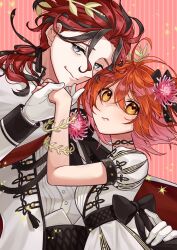 1boy 1girl alternate_costume black_hair bow curly_hair dante_alighieri_(fate) dress dress_bow fate/grand_order fate_(series) floating_crown flower fujimaru_ritsuka_(female) gloves grey_eyes hair_flower hair_ornament highres holding_hands ichino_tomizuki jacket laurel_crown looking_at_viewer multicolored_hair orange_eyes orange_hair ponytail red_hair two-tone_hair white_dress wisteria