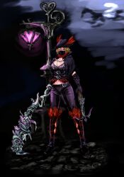 1boy alternate_costume ammunition arrow_(projectile) belt blonde_hair bloodborne blush bow_(weapon) bra breasts bursting_breasts cape chain cleavage corset cosplay crossbow crossover dhampir dhampir_(monster_girl_encyclopedia) feathers half-human half-undead hat_feather heart_(symbol) highres hunter_(bloodborne) hunter_(bloodborne)_(cosplay) jacket lamppost large_breasts leather leather_pants legs living_weapon looking_at_viewer mask midriff monster_girl monster_girl_encyclopedia monster_girl_encyclopedia_ii moon navel night pants red_eyes slime_(substance) sword tentacles traffic_light trigger_discipline udetamago undead underwear vampire weapon