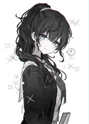 1girl ? asahina_mafuyu book breasts cardigan commentary from_side hair_between_eyes hair_ornament hair_over_shoulder hair_scrunchie hattaea high_ponytail highres holding holding_book large_breasts looking_at_viewer miyamasuzaka_girls&#039;_academy_school_uniform neckerchief open_cardigan open_clothes ponytail project_sekai sailor_collar school_uniform scrunchie serafuku sidelocks simple_background smile solo sparkle spoken_question_mark symbol-only_commentary twitter_username upper_body white_background white_sailor_collar
