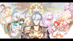 aglaea_(honkai:_star_rail) anaxa_(honkai:_star_rail) ancient_greek_clothes animal_ears aqua_bow aqua_bowtie aqua_eyes armor bare_shoulders black_choker black_jacket black_tiara blindfold blonde_hair blue_eyes bow bowtie caelus_(honkai:_star_rail) castorice_(honkai:_star_rail) cat_ears cat_girl choker chrysos_heirs_(honkai:_star_rail) cipher_(honkai:_star_rail) crown dan_heng_(honkai:_star_rail) dress dual_persona flower gradient_hair greco-roman_clothes grey_hair hair_between_eyes hair_flower hair_ornament hairband halo hat highres honkai:_star_rail honkai_(series) hyacine_(honkai:_star_rail) jacket kangetsu_(fhalei) little_ica_(honkai:_star_rail) looking_at_viewer lower_teeth_only mem_(honkai:_star_rail) multicolored_hair mydei_(honkai:_star_rail) open_mouth pegasus phainon_(honkai:_star_rail) pointy_ears purple_eyes red_hair red_hat red_tattoo serious shirt short_hair shoulder_armor single_bare_shoulder sleeveless sleeveless_dress tail teeth tiara trailblazer_(honkai:_star_rail) trianne_(honkai:_star_rail) tribbie_(honkai:_star_rail) trinnon_(honkai:_star_rail) twintails white_dress wings
